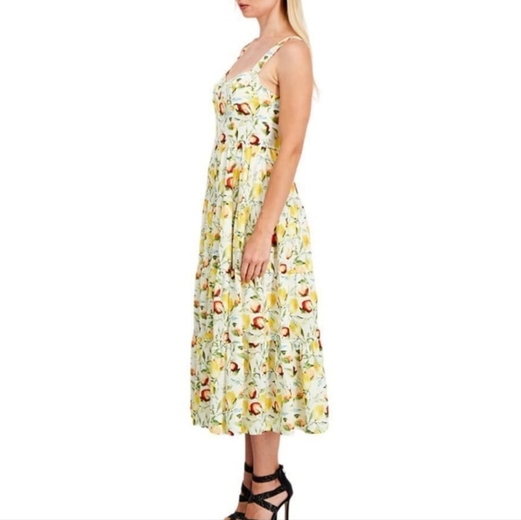 Aqua Fruit Medley Tiered Yellow Sweetheart Neckline Midi Sundress Size L - Picture 3 of 11